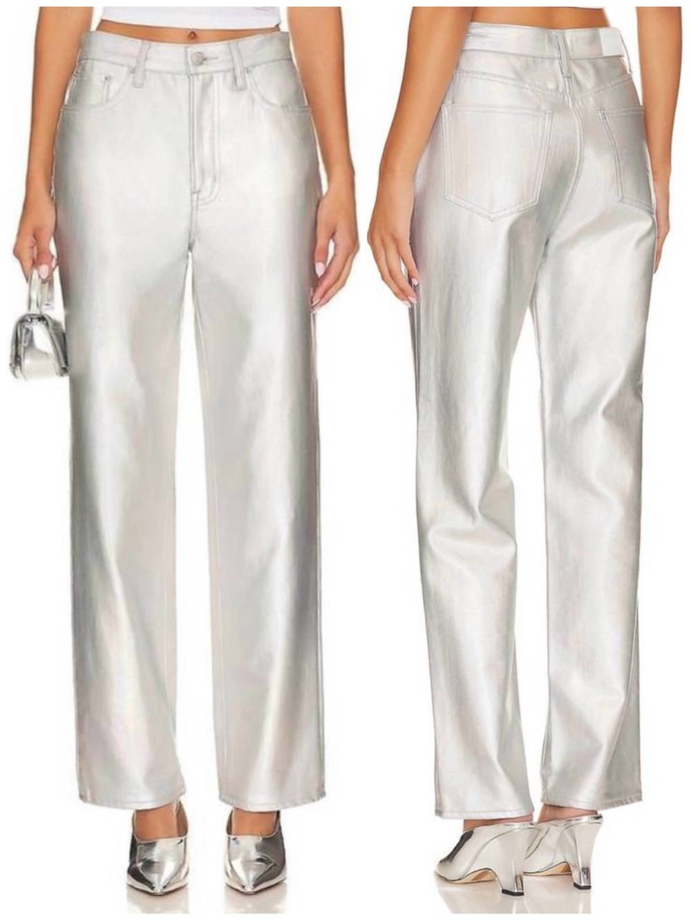 Pistola Cassie Coated Prism High Rise Straight Leg Jeans Metallic Silver Size 28